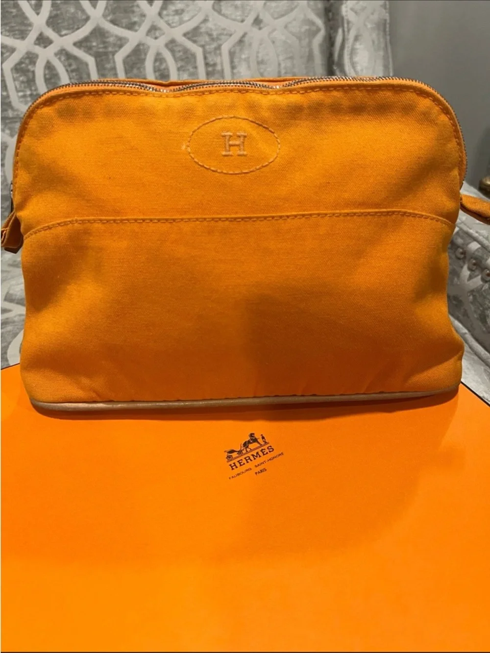 Hermès Bolide Orange Cotton & Leather Pouch - Authentic - Picture 2 of 10